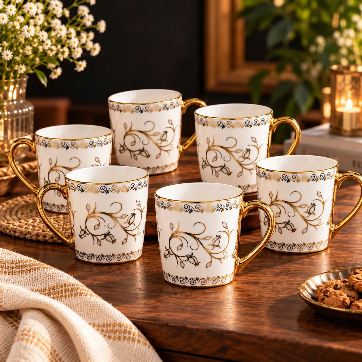 White & Gold Floral Tea Cup Set Of 6