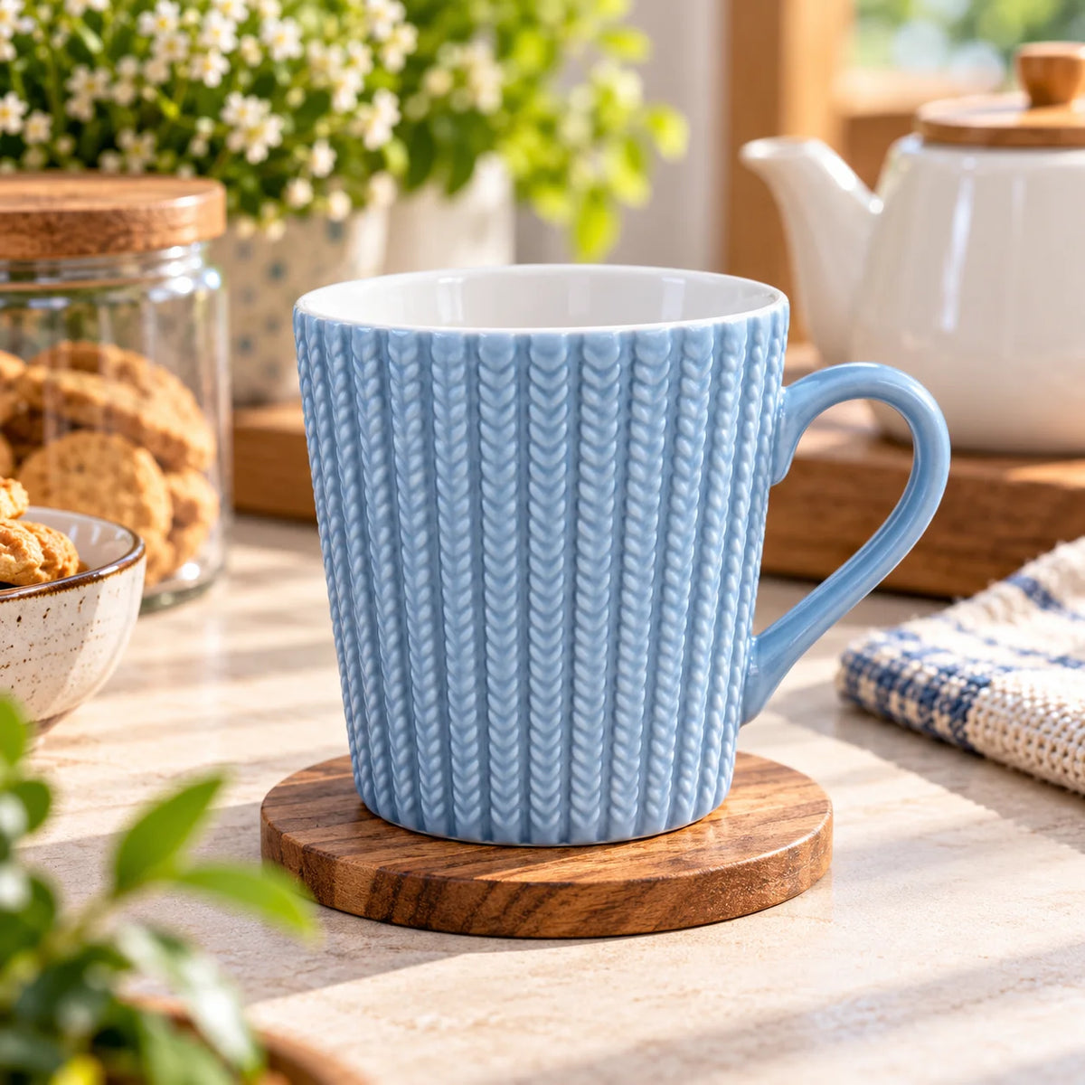 Sky Blue Knit-Texture Porcelain Tea Cup