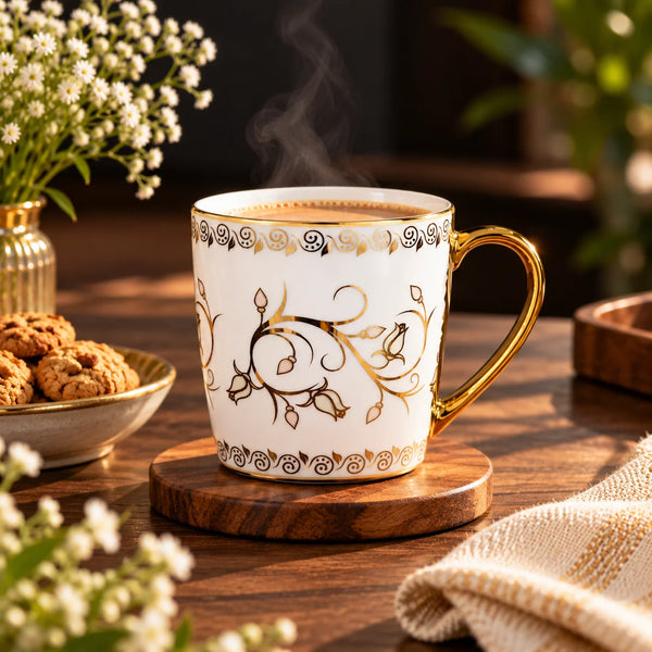 White & Gold Floral Tea Cup Set Of 6