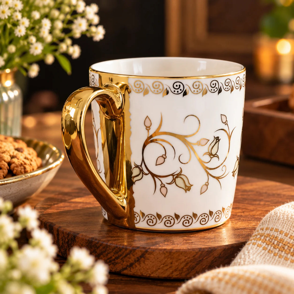 White & Gold Floral Tea Cup Set Of 6