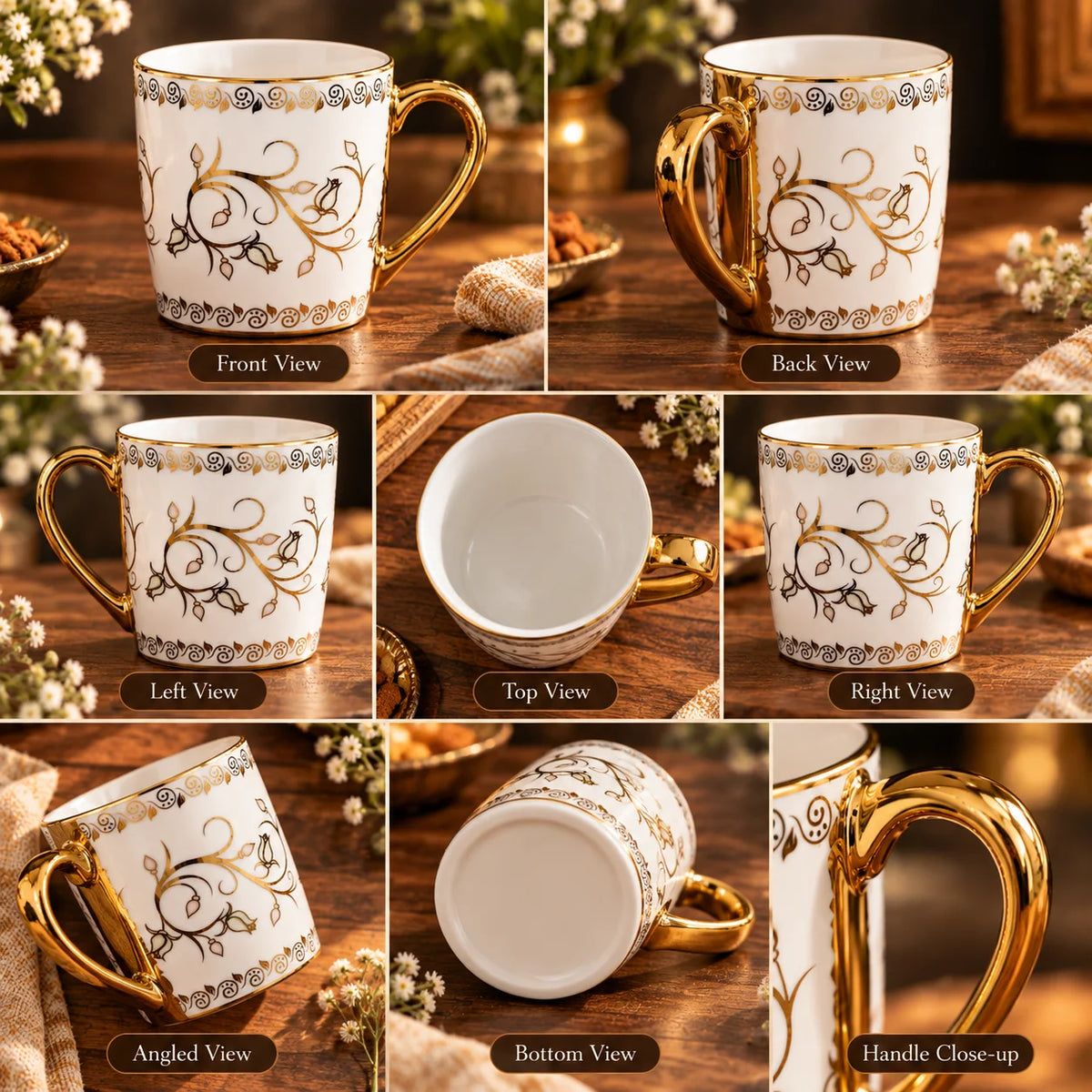 White & Gold Floral Tea Cup Set Of 6