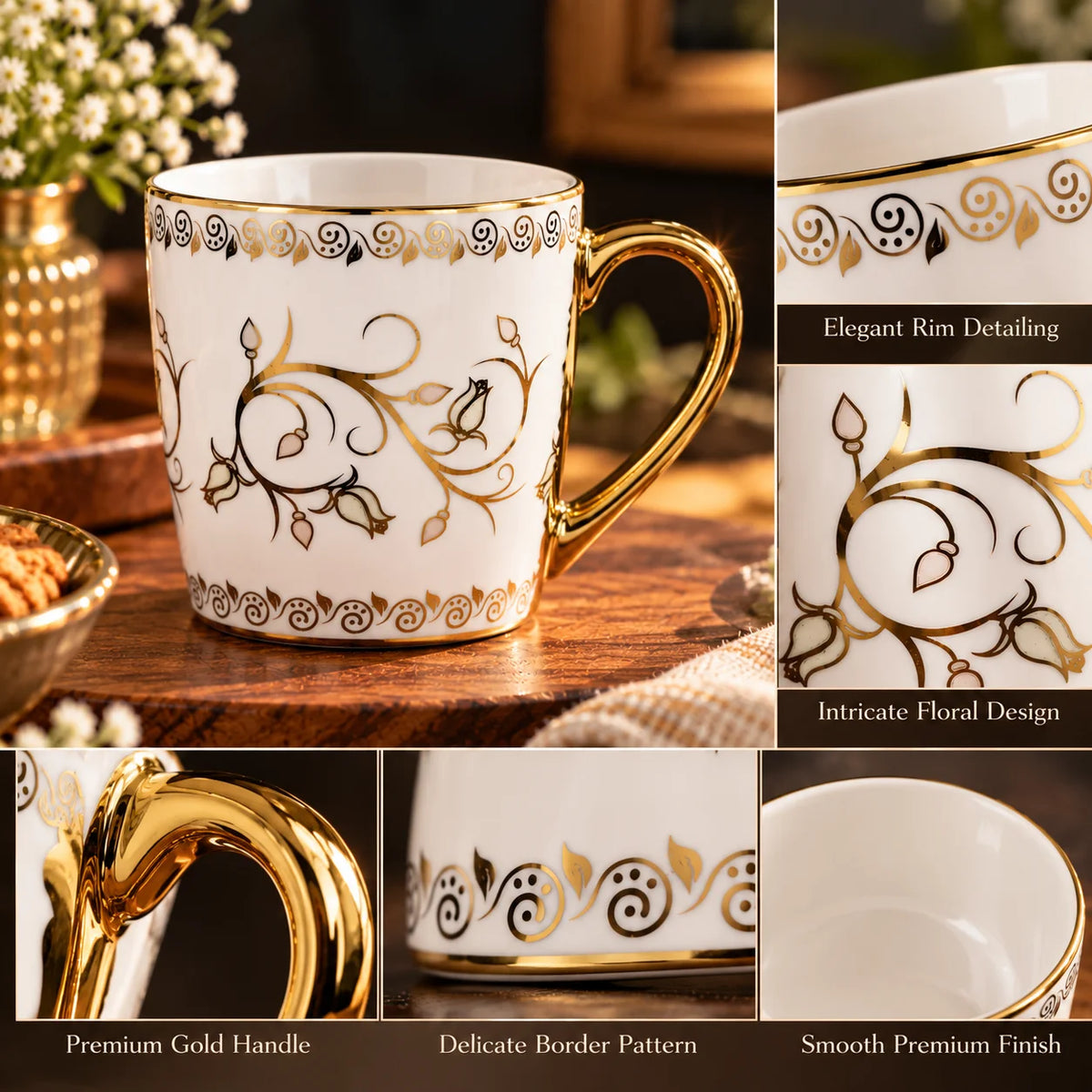 White & Gold Floral Tea Cup Set Of 6