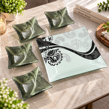 Black paisley glass serving tray and bowl set with a bold paisley print