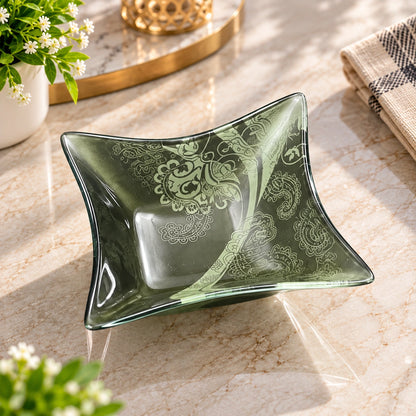 Black paisley glass tray and bowls styled with dry fruits and nuts
