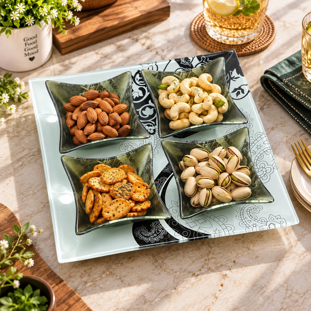 Black paisley glass serving tray and bowl set shown as a 5-piece spread