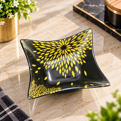 Black and gold sunflower glass tray and bowls styled for Diwali hosting