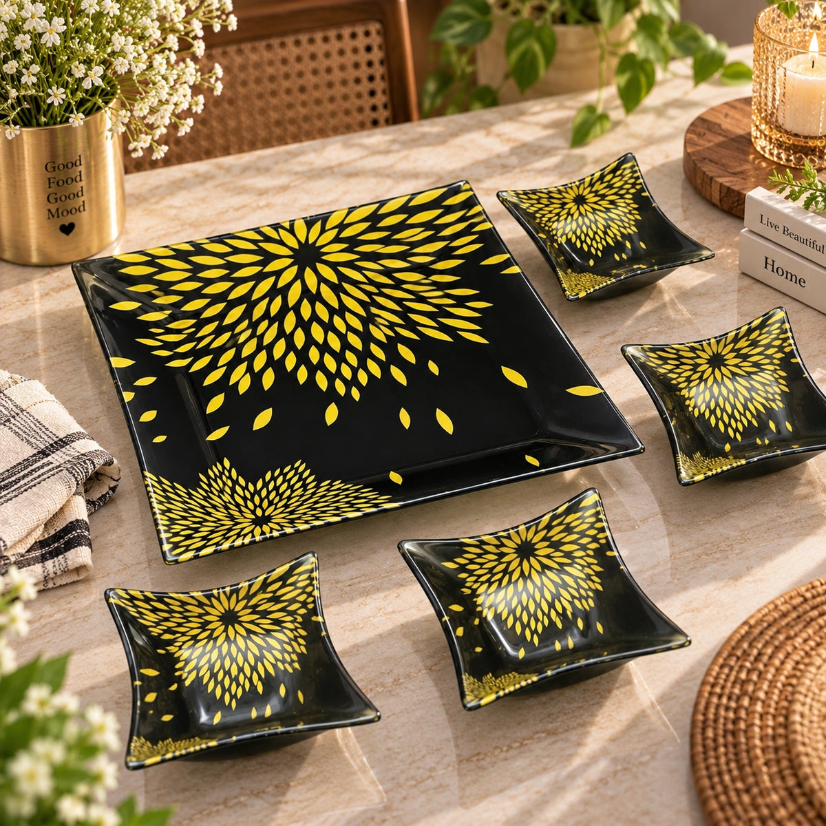 Black and gold sunflower glass serving tray and bowl set