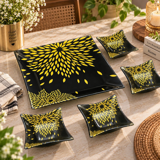 Black and gold sunflower glass serving tray and bowl set