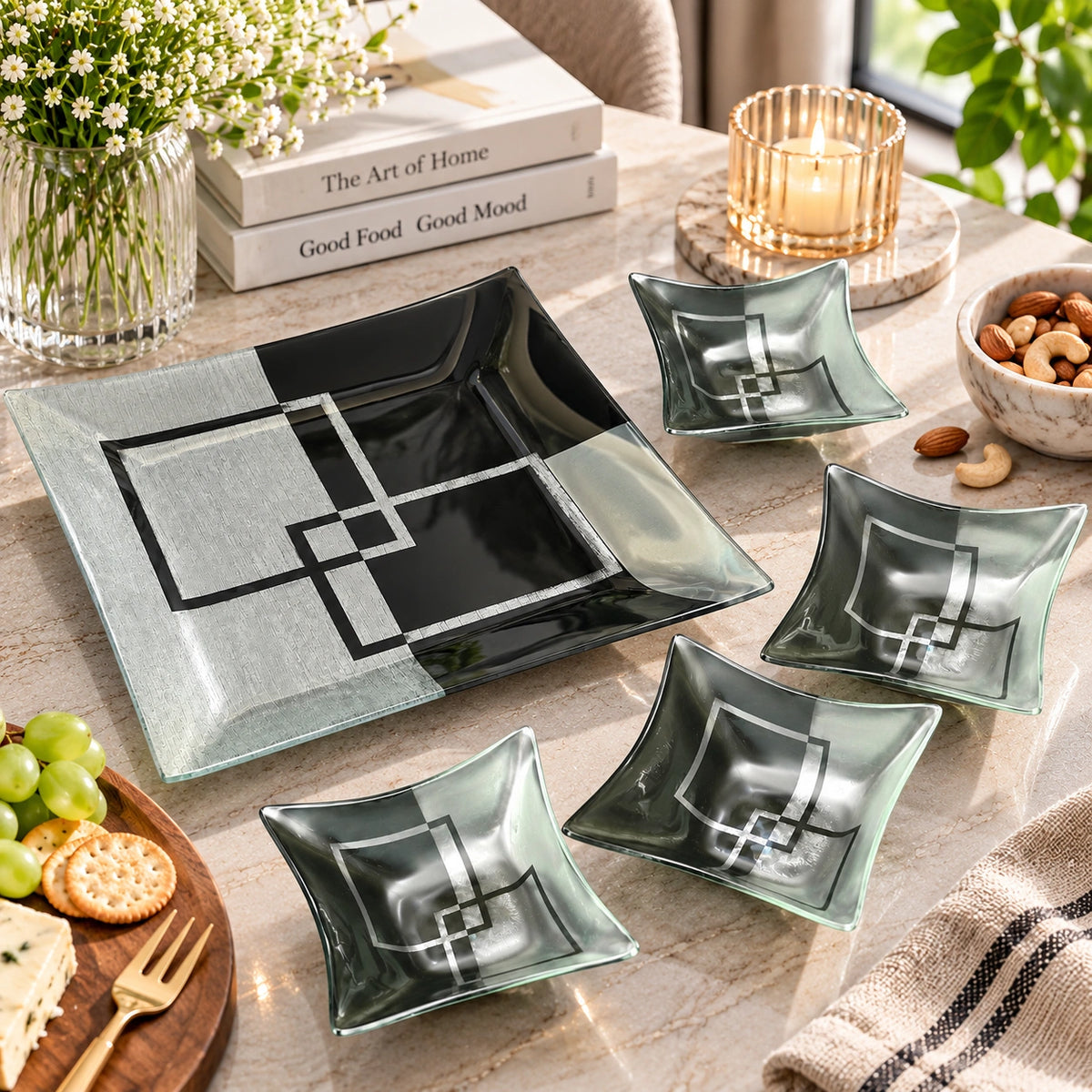 Black and silver geometric glass serving tray and bowl set in Art Deco style