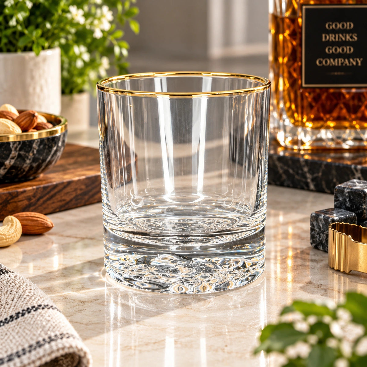 Lion Base gold rim crystal clear drinking glass with a sculpted lion base