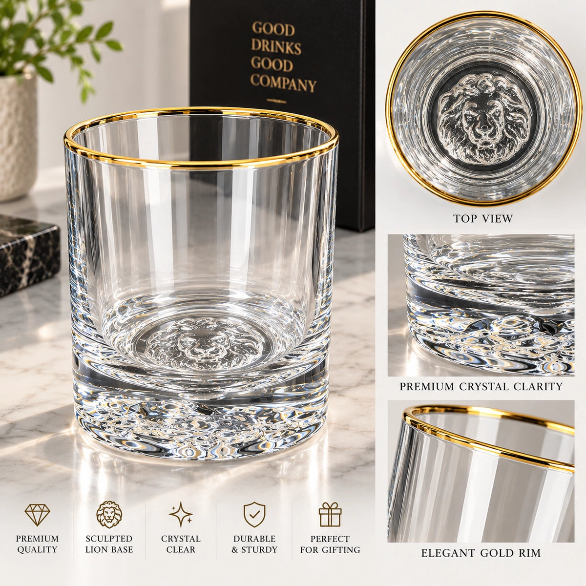 Close-up of the 24K gold rim on the Lion Base crystal glass