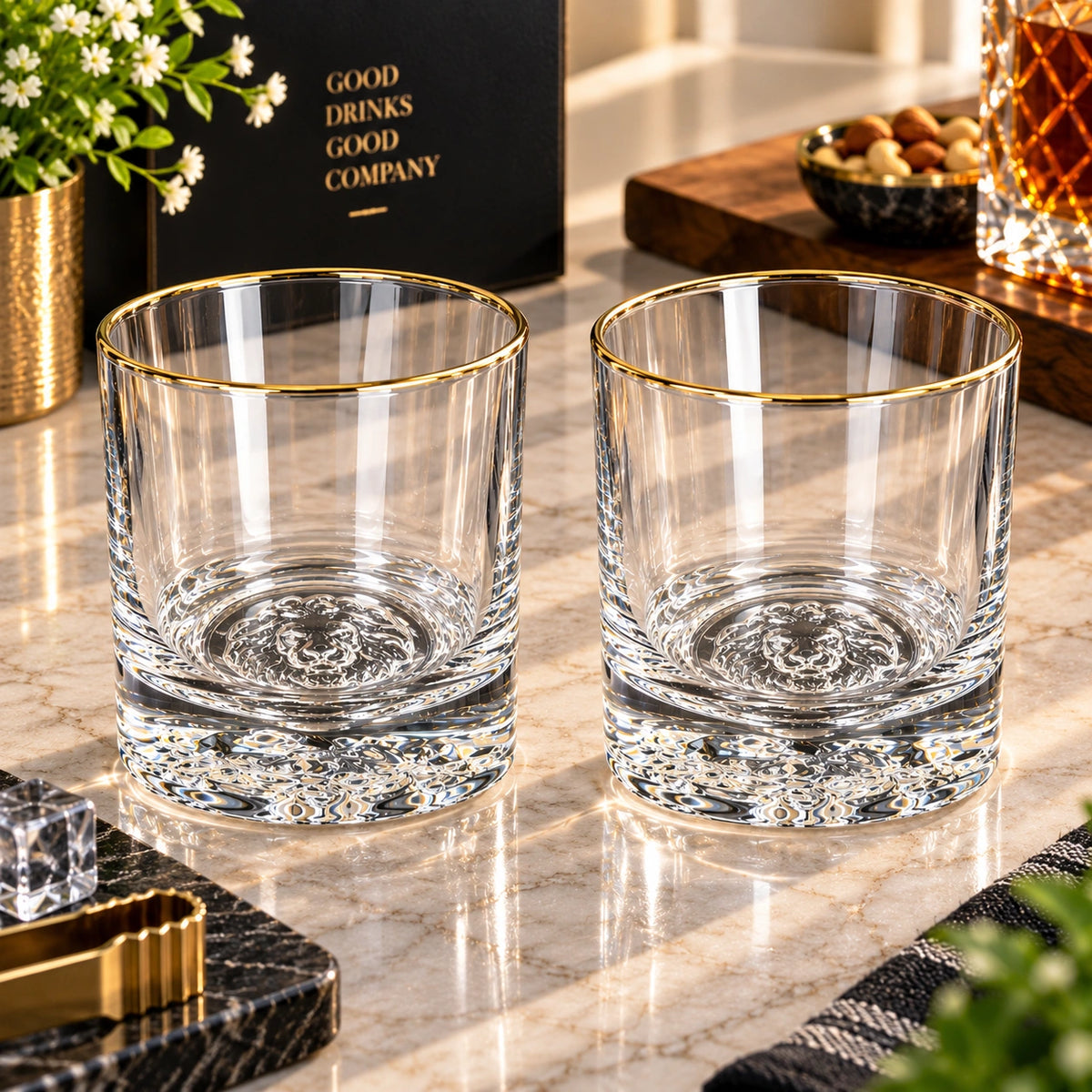 Lion Base gold rim crystal glass shown from the side