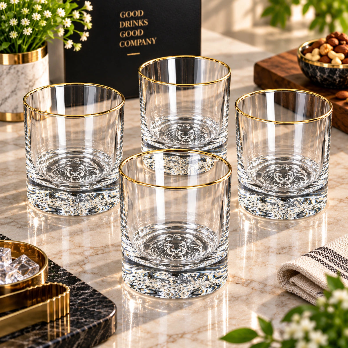 Lion Base crystal glass styled on a home bar with a drink